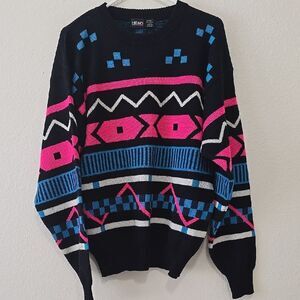 Head Crewneck Sweater in Black and Pink with Geometric Flair